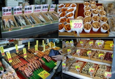 魚市場に並ぶ海産物、そして浜焼き!!