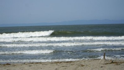 遠くに佐渡島が見えます