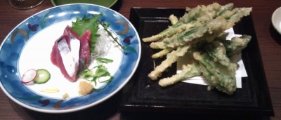 初鰹の刺身と行者にんにくの天ぷら